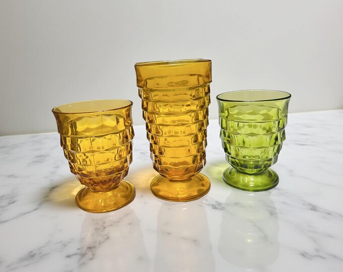 Whitehall Colony, Indiana Glass Avocado and Amber Cube Tumbler, Coolers, Cocktail Glass, Juice Glass, Barware Tumblers, and Ice Tea Tumbler