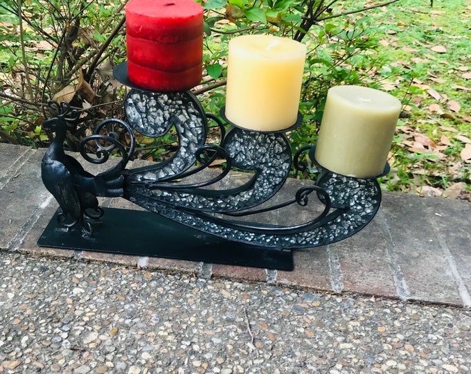 Pier One Black Metal Mosaic Glass Peacock Three Pillar Candle Holder