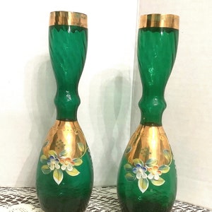 Ucagco Enesco Green vase with Applied Flowers and Gold Trimmings