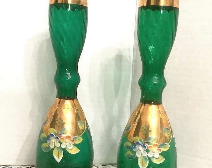 Ucagco Enesco Green vase with Applied Flowers and Gold Trimmings