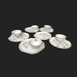 Lefton Wheat Snack Plate and Cups, Dinner Dessert Plates and Coffee Cups,  vintage Wheat with Gold Accent Snack Set