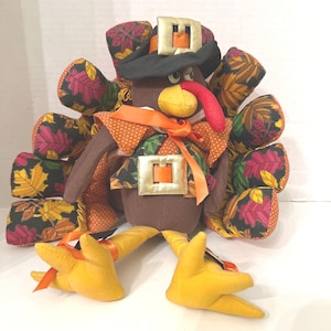 Joelson Industries 1998 Cloth Stuffed Tom Turkey Thanksgiving Decoration, Pilgrim Hat-Wearing Turkey