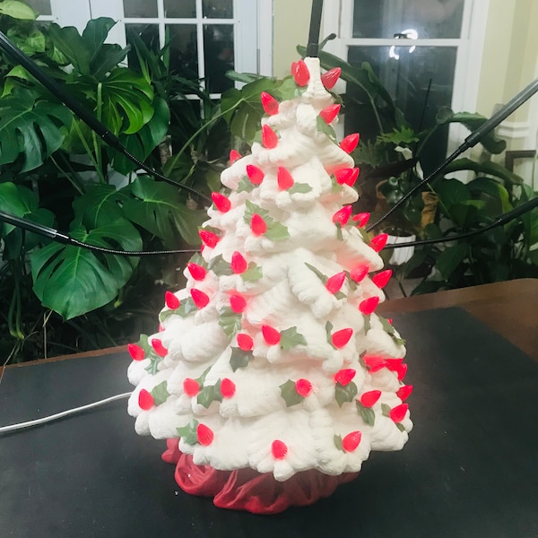 Vintage Ceramic Christmas Tree/ Lighted Red Poinsettia Christmas Tree