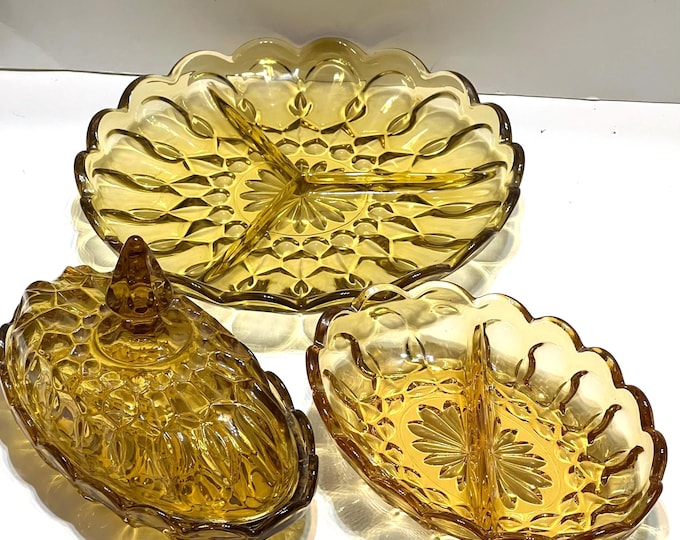 Anchor Hocking Fairfield Relish Dish, Golden Honey  Butter Dish, Two-Three Section Relish Dishes