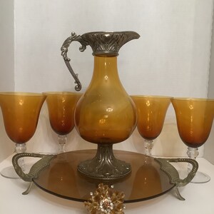 Vintage Art Nouveau Amber Glass Pitcher Set: Soho Home Essential Goblets