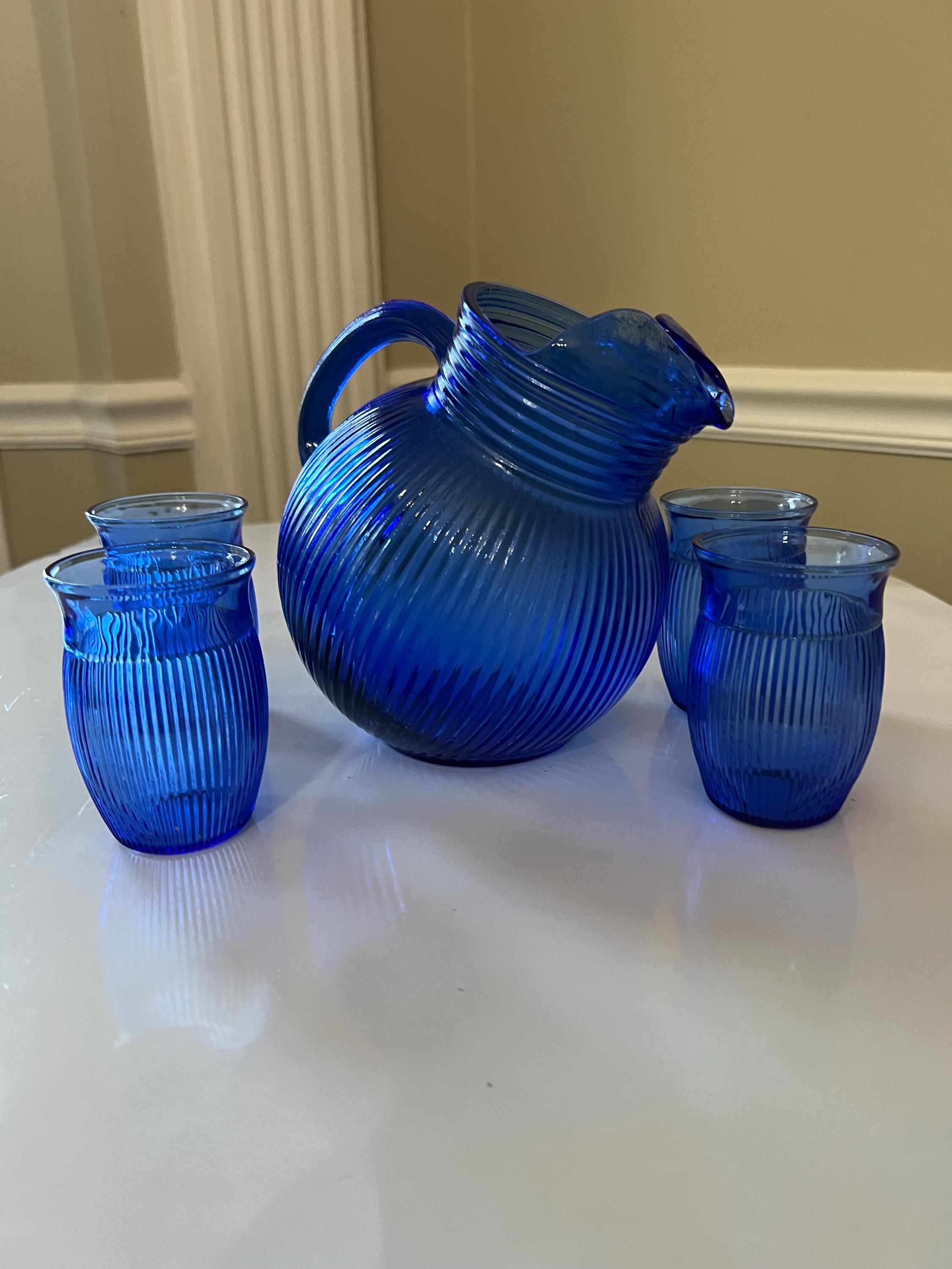 Vintage Hazel Atlas Cobalt Blue Ribbed Pitcher With Tumblers - Etsy