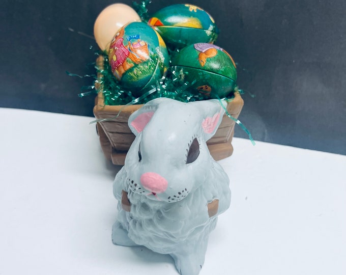 Ceramic Blue Easter Bunny Pulling a Brown Cart, Easter Centerpiece Decoration