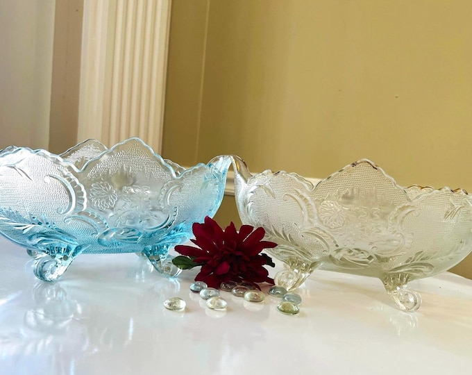 Jeanette Glass Company Footed Lombardi Pattern Console Bowl, Clear Lombardi, Blue Lombardi Console Bowls