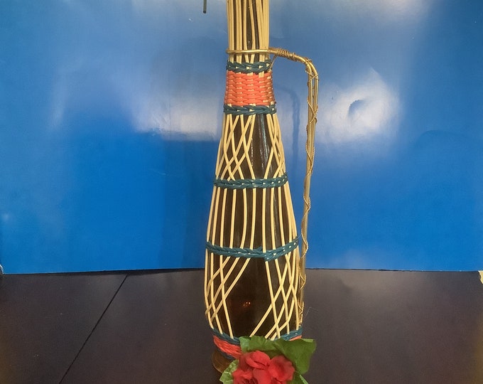 Glass Wine Decanter Wrapped in Plastic Bamboo 1970