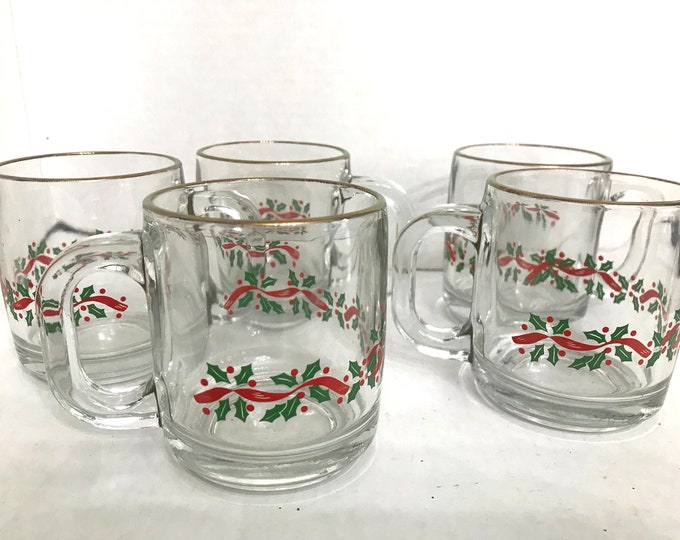 Libbey’s  LRS3/Coffee Mugs/Cups/ Red Ribbon/ Holly Berries/ Holiday Glass Mugs