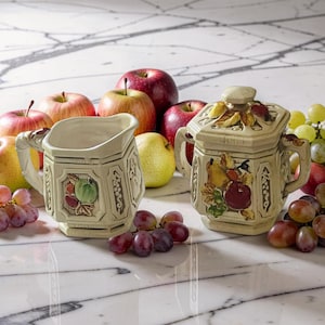 Vintage Mid Century Ceramic Creamer & Sugar  With Embossed Fruit by New Trends Japan