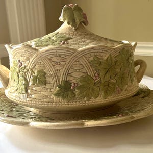 Ceramic Grape Vine Motif Soup Tureen with UnderPlate