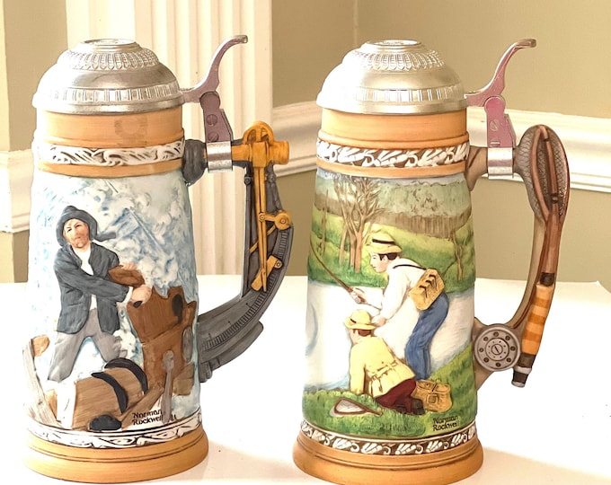 Norman  Rockwell  Collectible Steins, Fishin Pal Stein, BravingThe Storm Stein Vintage Norman Rockwell Museum Collection of Beer Steins