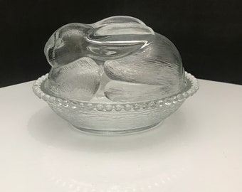 Indiana Glass Clear Rabbit on Nest/ Candy Dish/ Easter Decor/ Trinket Dish/ Farm House