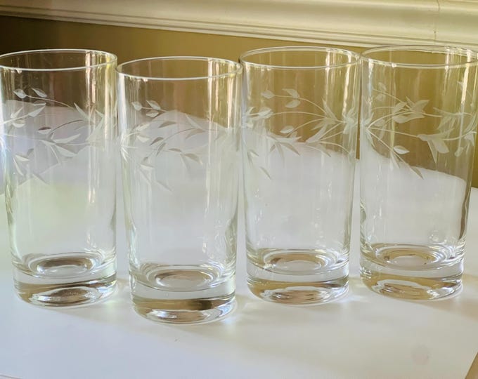 Vintage Etched Highball Glasses: Leaf Motif Barware, Set of 4
