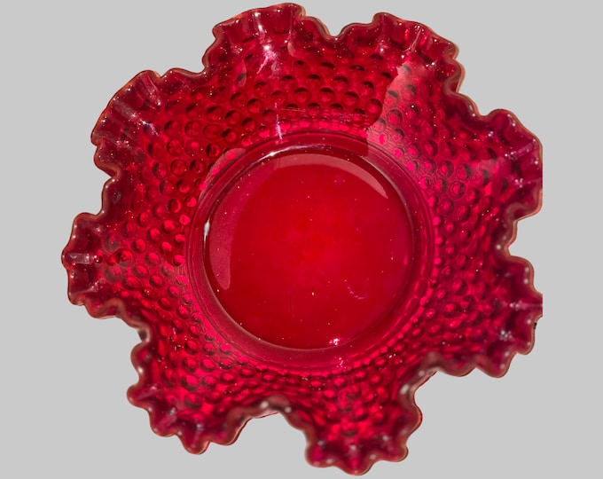 Ruby Red Hobnail Fenton Crimpled Edge Glass Candy Dish, Bon Bon Dish, Brides Bowl