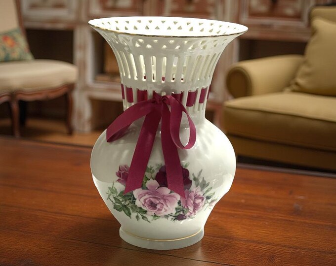 Braum Brothers Ceramic Vase,  Formalities Lattice Rose Motif Vase