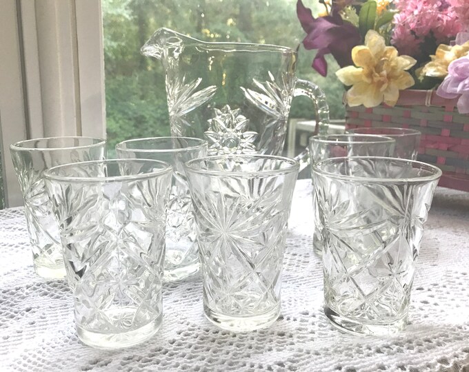Anchor Hocking Prescut Clear, Star of David  Water Pitcher, Six Tumblers, Barware Glass and Pitcher, Juice Tumblers