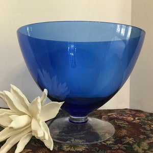 Vintage Hand Blown Crystal Blue Bowl with Translucent Pedestal and Base