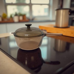 Puede incluir: Una cacerola de vidrio transparente con tapa y mango largo. La cacerola está sobre una placa de cocina negra. La tapa tiene un pomo negro. Una olla de acero inoxidable y una tabla de cortar de madera están en el fondo.