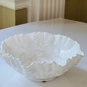 Imperial Glass Milk Glass Rose Bowl, White Open Rose Bowl, Crimped Rim,  Embossed Rose White Bowl