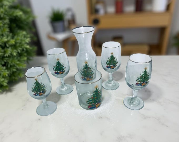 Vintage Christmas Tree Glassware by Moderne: Wine Goblets, Carafe