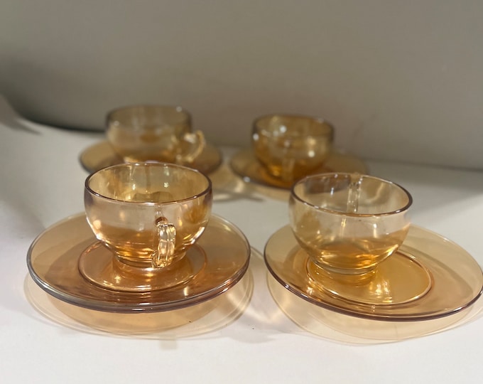 Jeannette Glass Marigold Teacups, Bread and Butter Plates,  Moderne  Marigold Iridescent Cups, Bread and Butter Plates, Gift