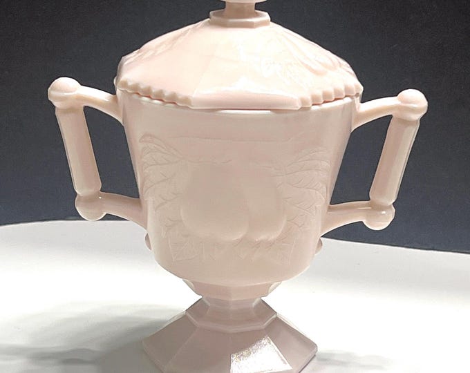 Jeannette Shell Pink Milk Glass Footed Sugar Bowl, Baltimore Pear Design Lidded Sugar Bowl