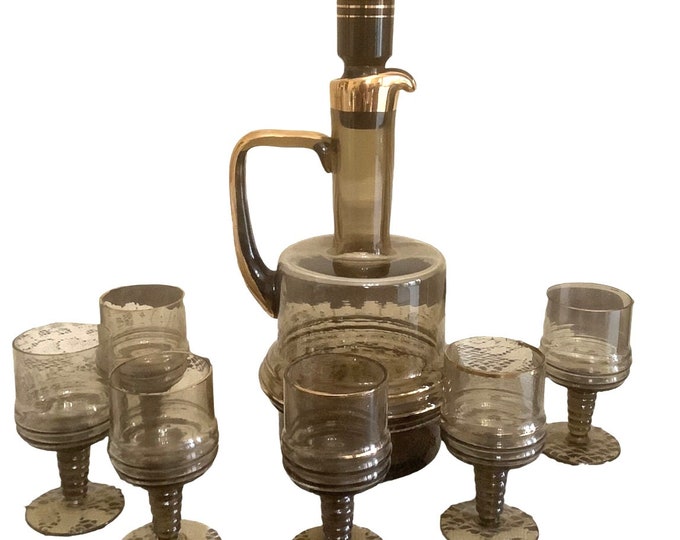 Vintage Wine Decanter and Six Glasses 1980