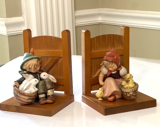 M.J Hummel Playmate Bookend Boy with Rabbits, Girl with Yellow Chicks,  Wooden Baseball, Vintage Wooden Bookends