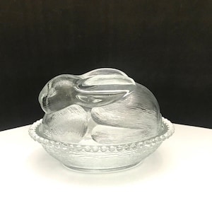 Indiana Glass Clear Rabbit on Nest Candy Dish, Easter Decor, Trinket Dish, Farm House  Decor