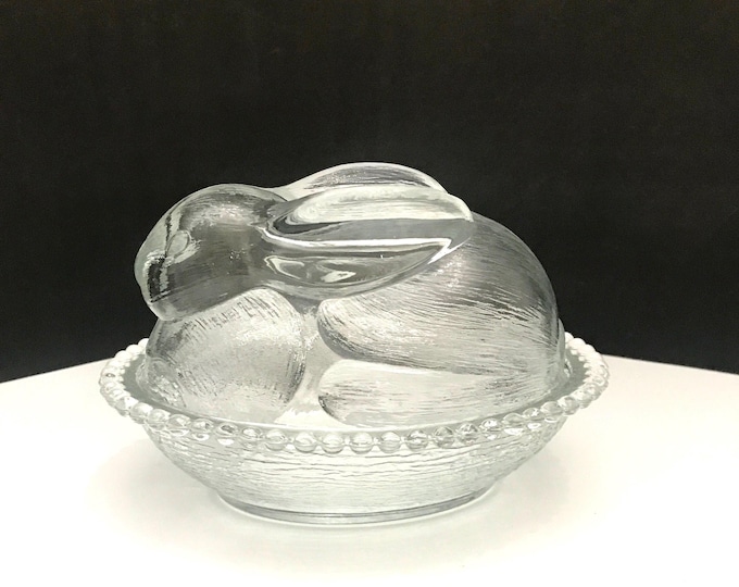 Indiana Glass Clear Rabbit on Nest Candy Dish, Easter Decor, Trinket Dish, Farm House  Decor