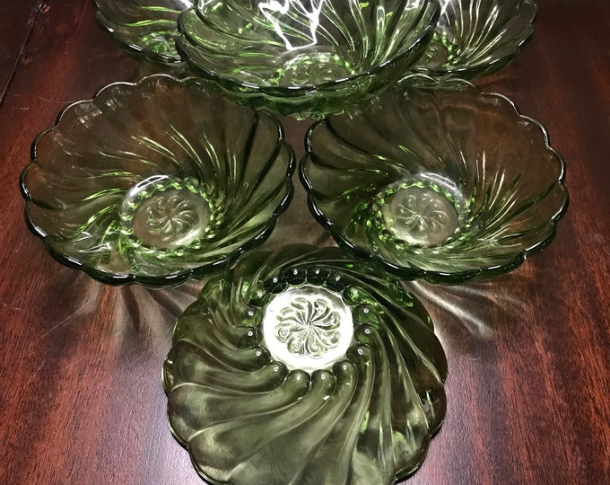 Hazel Atlas Green Colonial Swirl Bowls, Fruit Bowls, Salad Bowls, Vintage Green Bowls
