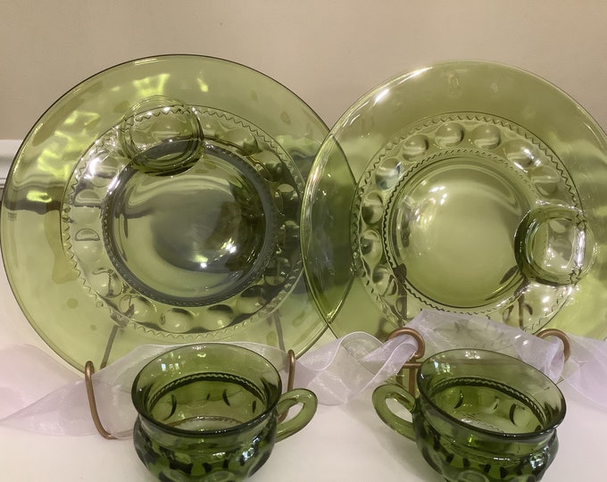 Indiana Glass King’s Crown Plates, Avocado Green King Crown Luncheon Plates with Cups