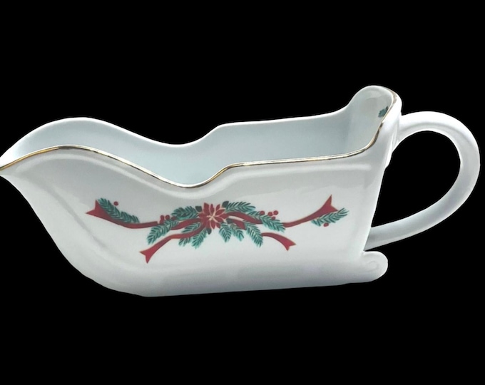 Vintage Sleigh Gravy Boat, Poinsettia and Ribbon Decorated Gravy Boat