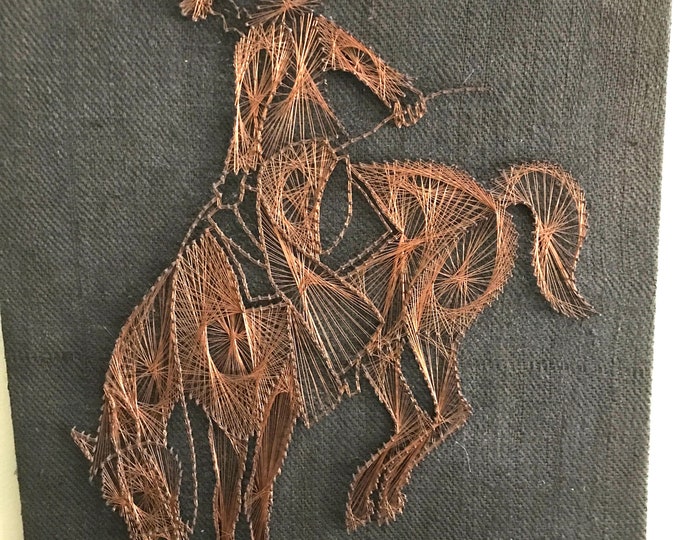 Bucking Bronco Rodeo Wall Art,  Rider Copper and Nails String Art Signed by Artist