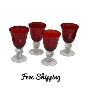 Vintage Red Holiday Wine Goblets, Clear Ball Wafer Stem on Red Bowl Wine Glasses