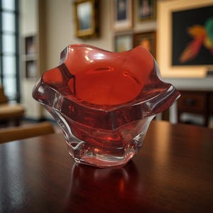 May include: A clear glass bowl with a vibrant red interior. The bowl has a unique, wavy rim and a flared, geometric base. The bowl is on a dark wooden table, with a blurred background of a room with artwork.