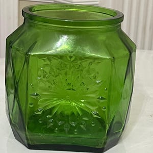 Recipiente de vidrio Wheaton vintage de 1970 con forma de margarita, girasol y verde esmeralda