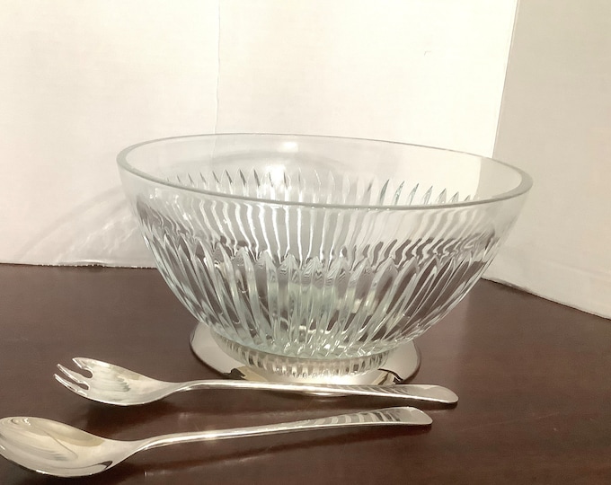 Godinger Crystal Salad Bowl on Silver Plated Base with Silver Plated Serving Utensils