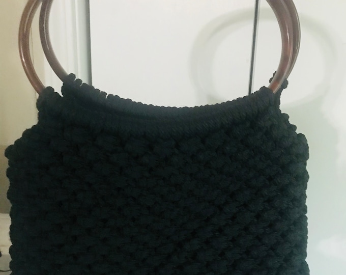 Purse Handbag Macrame Black Woven Lucite Acrylic Handle Lined Handbag/Purse