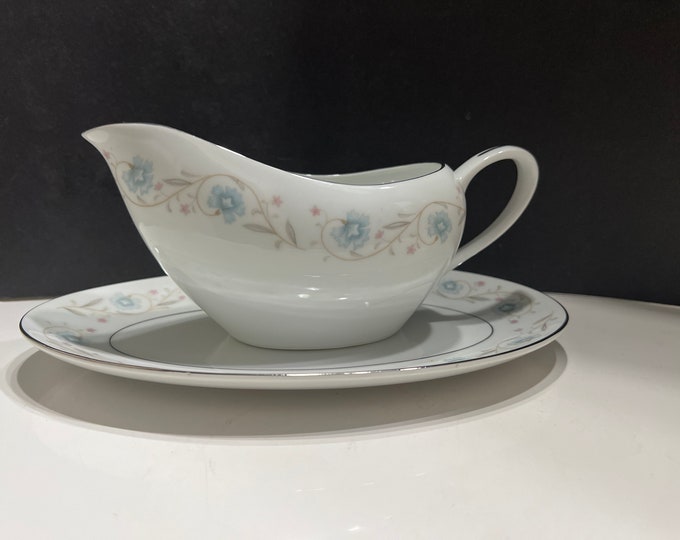 English Garden Gravy Boat with Underplate, Blue and Pink Flower, Platinum Trim Gravy Boat