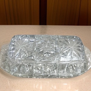 Anchor Hocking Prescut Clear Butter Dish,  Star of David Butter Dish, Stick Butter Dish, Vintage Glass Butter Dish, Cut Glass Butter Dish