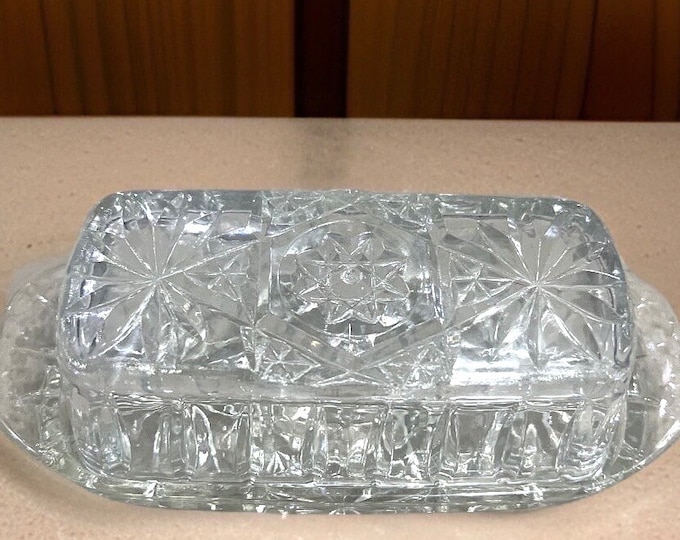 Anchor Hocking Prescut Clear Butter Dish,  Star of David Butter Dish, Stick Butter Dish, Vintage Glass Butter Dish, Cut Glass Butter Dish