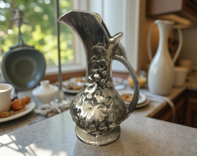 Vintage Nelson McCoy Pottery Antiqua Silver Grape Pitcher Vase Handmade