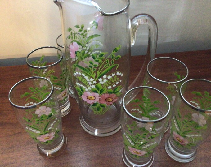 West Virginia Glass Company Pitcher and Six Glasses Etsy