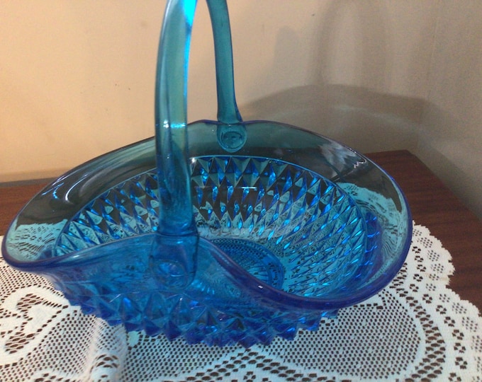 Indiana Glass Vintage Aqua Blue Basket,  Diamond Cut Glass Pattern