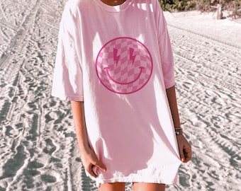 Checkerboard Shirt, Smile Face Tee, Lightning Bolt, Trendy Clothes, Y2K Aesthetic, Summer Beach Tee, Retro Happy Face Preppy Oversized Shirt