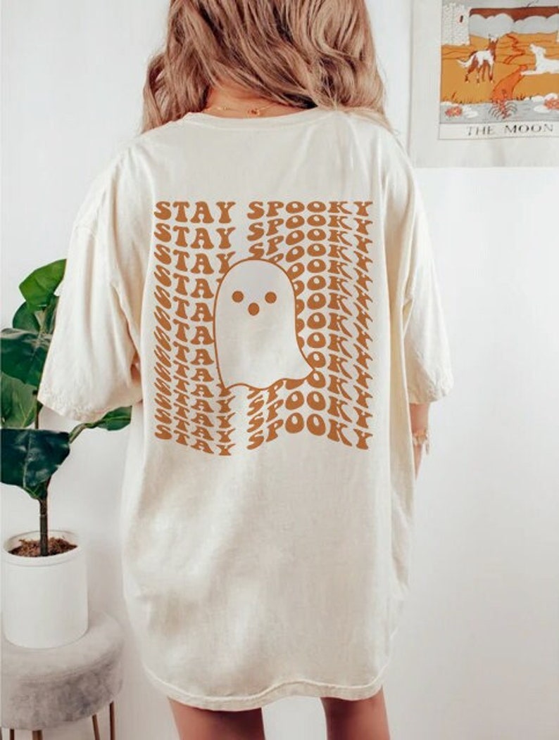 Stay Spooky Halloween Shirt, Cute Ghost Tee, Trendy Fall Shirt, Retro Halloween TShirt, Aesthetic Clothes, Preppy Y2k, Words on Back image 1
