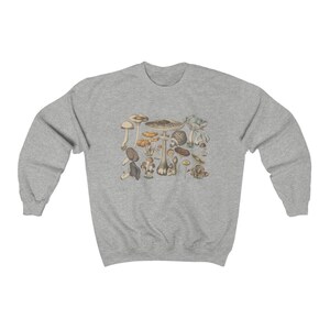 May include: A heather gray crewneck sweatshirt featuring a central graphic print of various mushroom species in muted earth tones, including shades of brown, tan, and soft orange, arranged in a detailed, scientific-style botanical illustration.